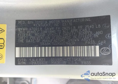 2016 Lexus Es 350 z USA, uszkodzony, nr VIN 58ABK1GG9GU016619